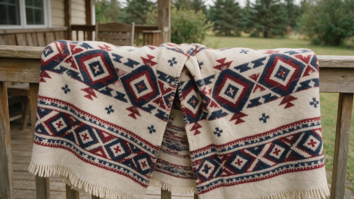 Patterned wool blanket draped open over a wooden porch railing on an overcast day