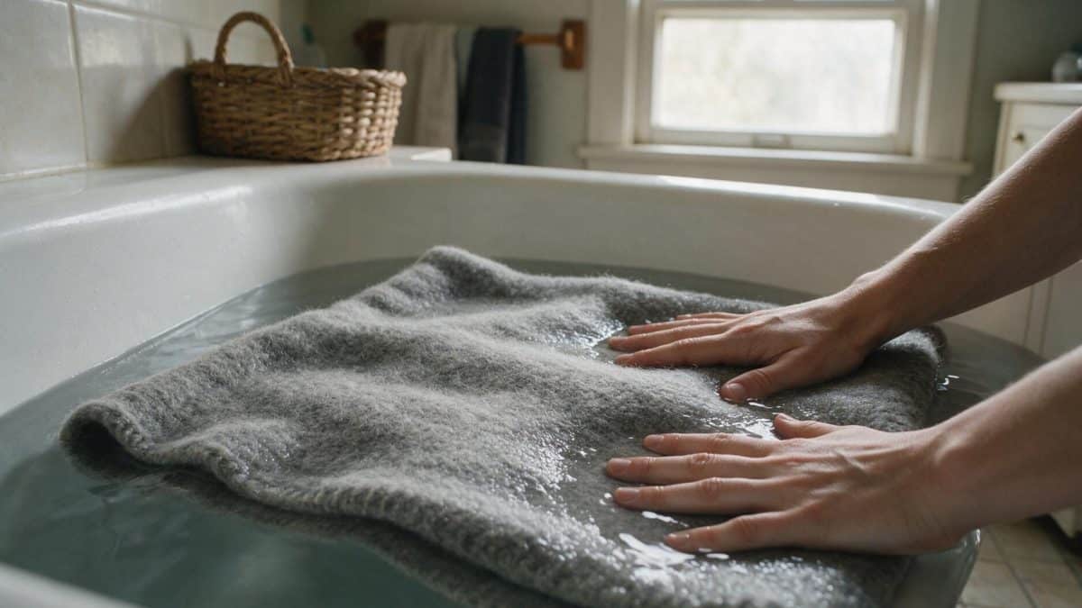 Flat hands pressing a grey lambswool blanket under still water in a bathtub