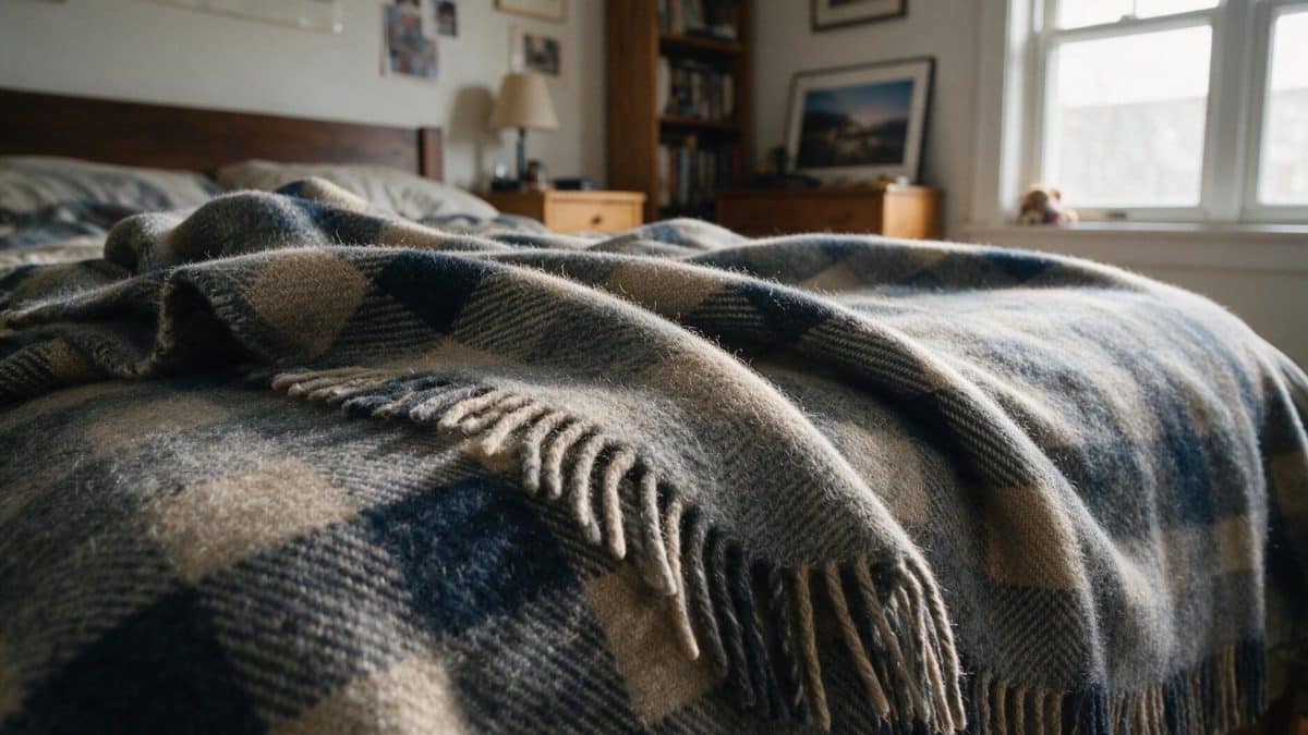 Checked lambswool blanket with a fringed edge folded across the foot of a bed