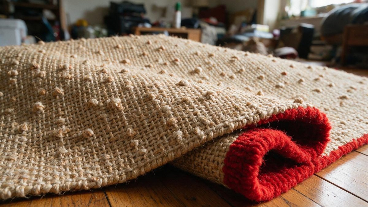 Underside of a wool rug folded back showing its coarse jute foundation and red pile