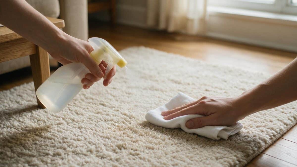 Hands misting one section of wool rug pile and wiping it with a white cotton cloth
