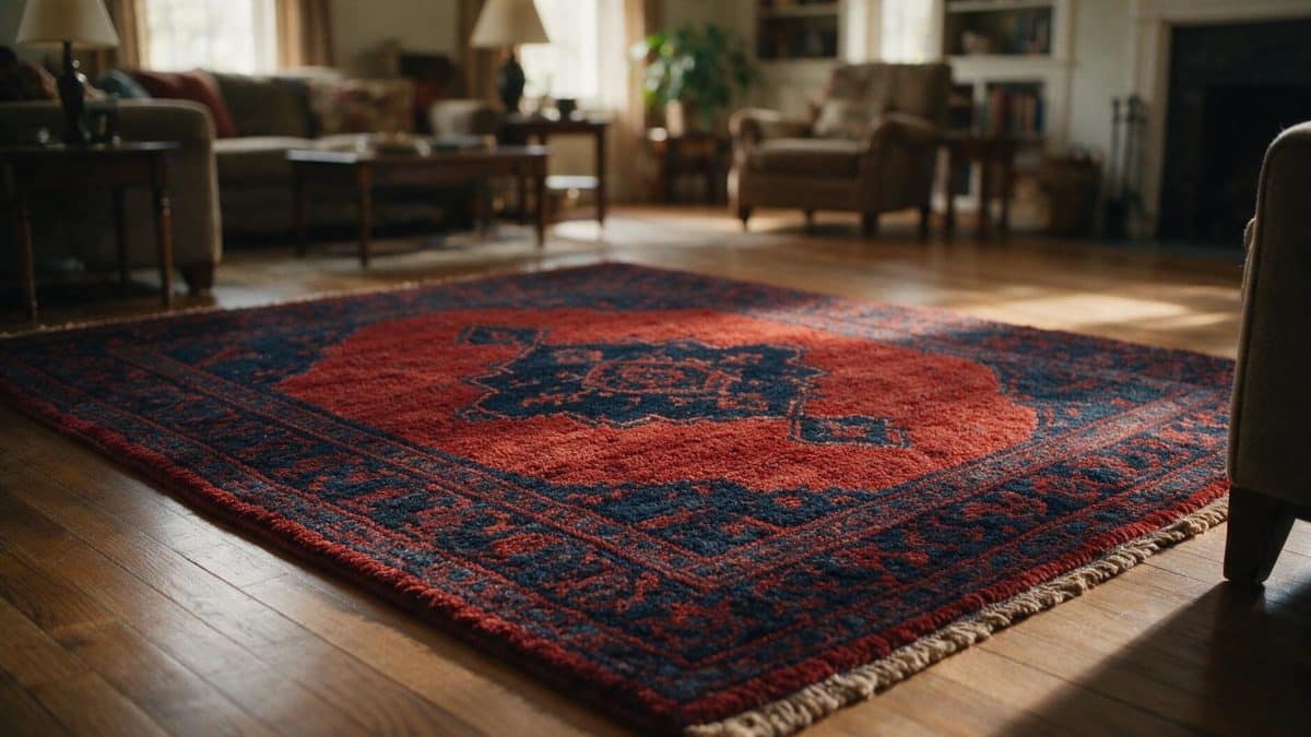 Red and indigo wool pile rug with cotton fringe lying on a hardwood living room floor