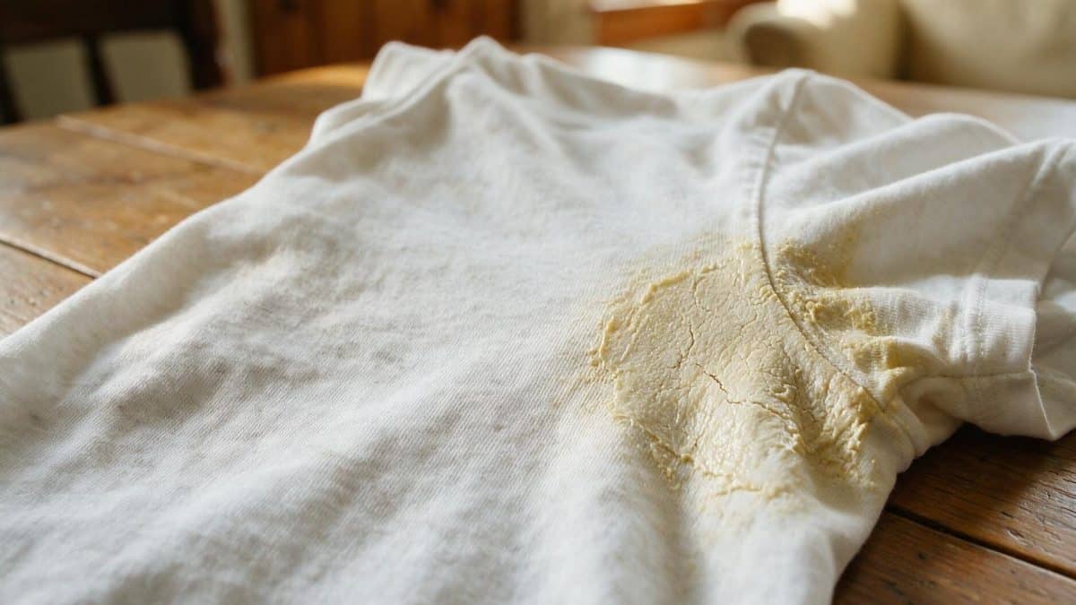 Stiff cracked yellow crust of antiperspirant buildup across the underarm of a white cotton shirt