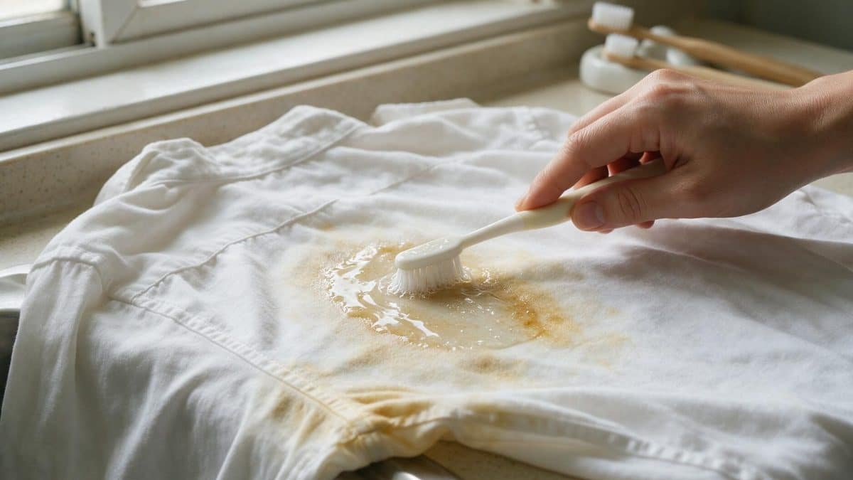 Hand working liquid detergent into the yellowed underarm of a white cotton shirt with a toothbrush