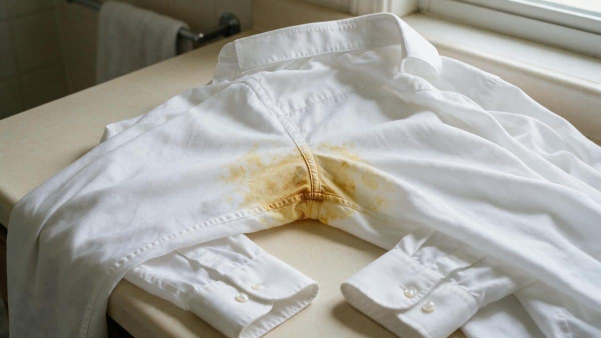 White cotton shirt on a bathroom counter showing a yellow-brown stain across the underarm