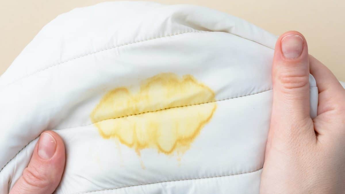 Two hands holding white quilted bedding showing a wide yellow stain spread along a stitched seam