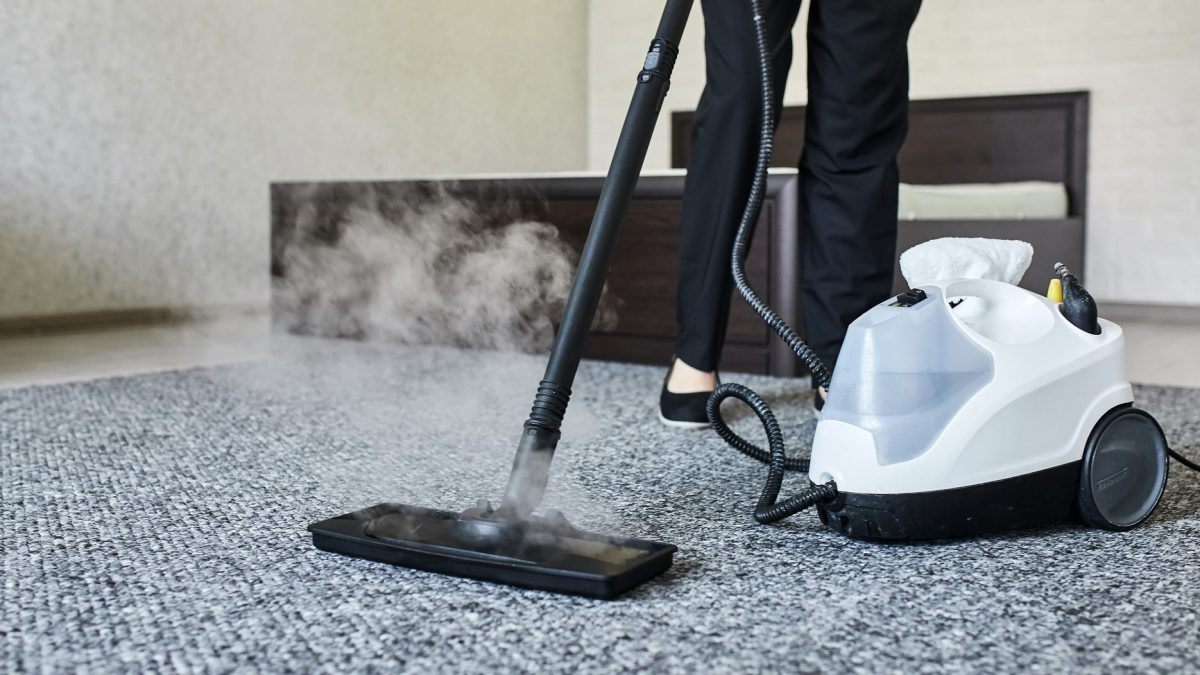 A carpet cleaning machine head being worked across grey carpet with steam rising from the pile