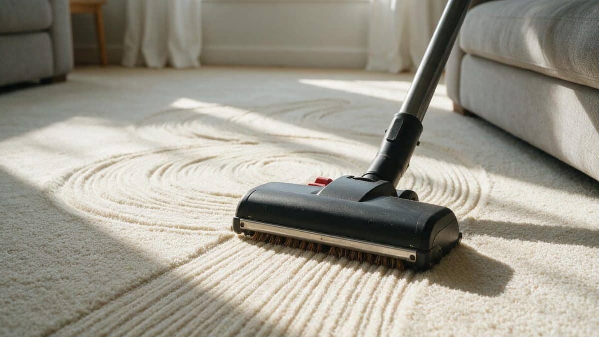 Vacuum head resting on a cream carpet in a sunlit living room beside a sofa