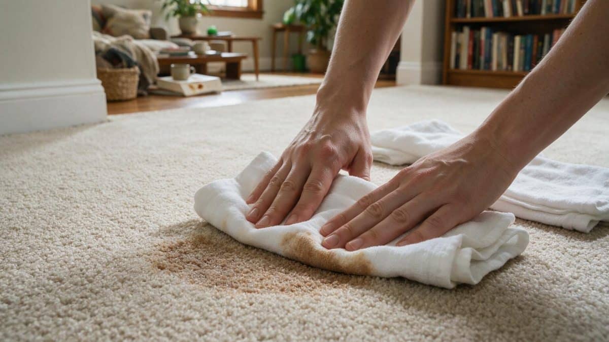 Hands pressing a folded white cloth into nylon carpet pile, brown color transferring onto it