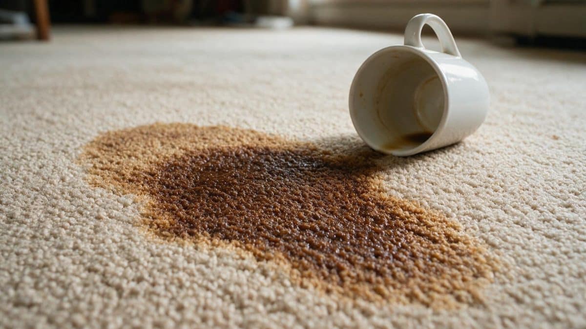 Fresh coffee spill soaking into pale beige fitted carpet beside a toppled white mug