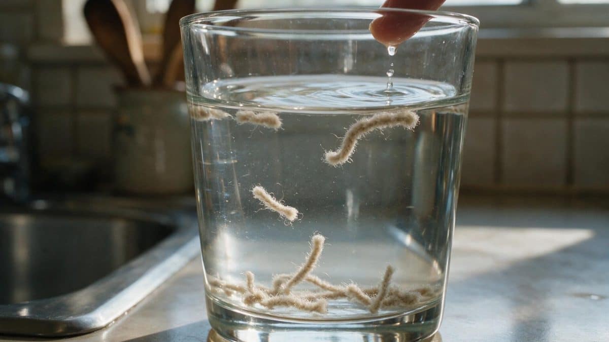 Snipped strands of carpet yarn in a glass of water, some floating and some sunk