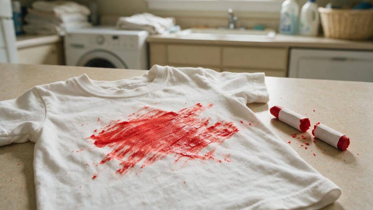 A white cotton t-shirt on a laundry counter with a thick red crayon smear