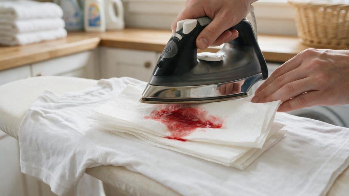 An iron pressed onto a white paper towel over a cotton shirt, wax bleeding through