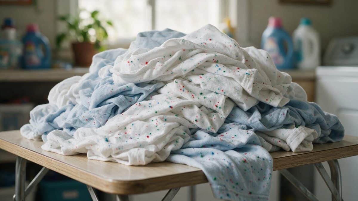 A heap of white and pale blue cotton laundry covered in small coloured wax specks