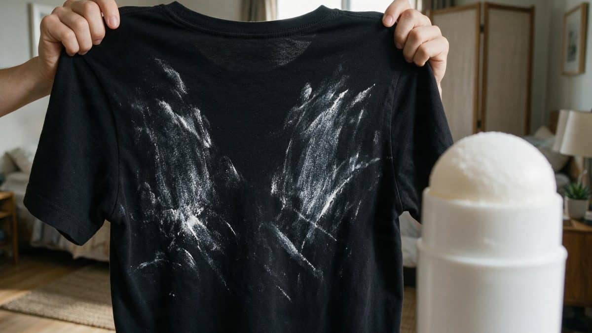 Hands holding black fabric marked with chalky white deodorant streaks beside a deodorant stick