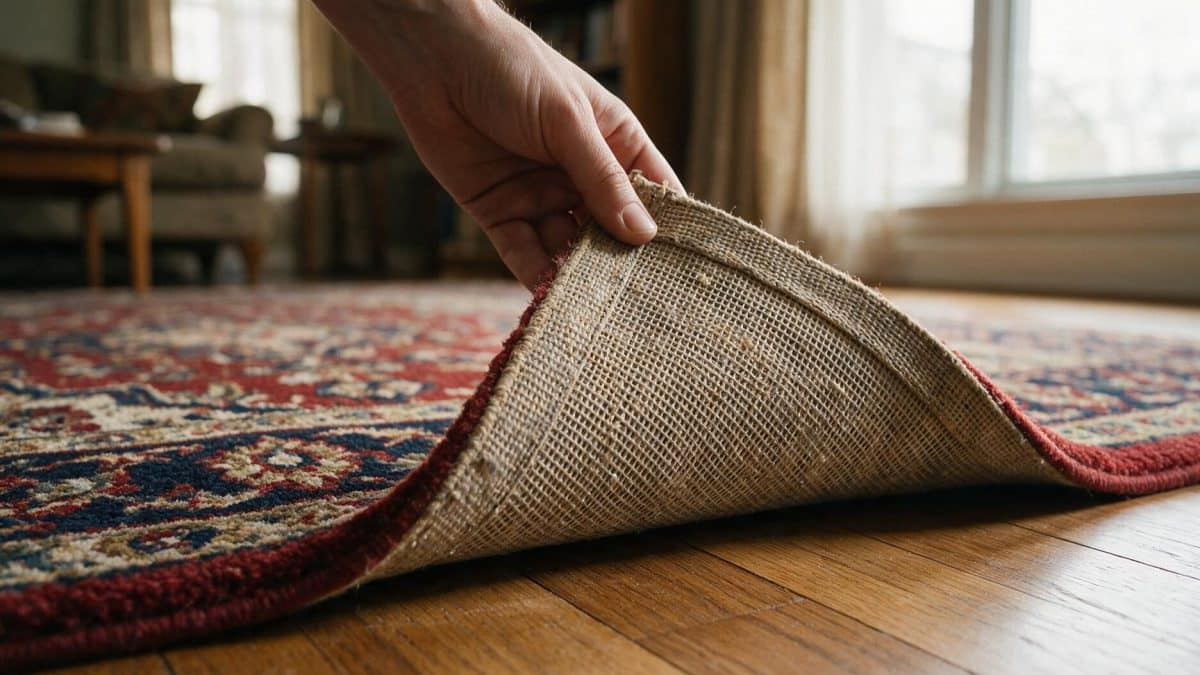 Hand folding back a rug edge to expose the mesh backing and wooden floor beneath