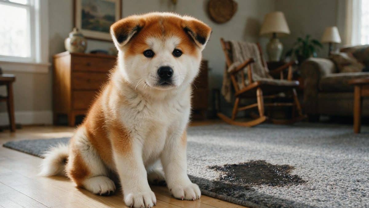 Akita puppy sitting on a wooden floor beside a dark wet patch on a grey rug