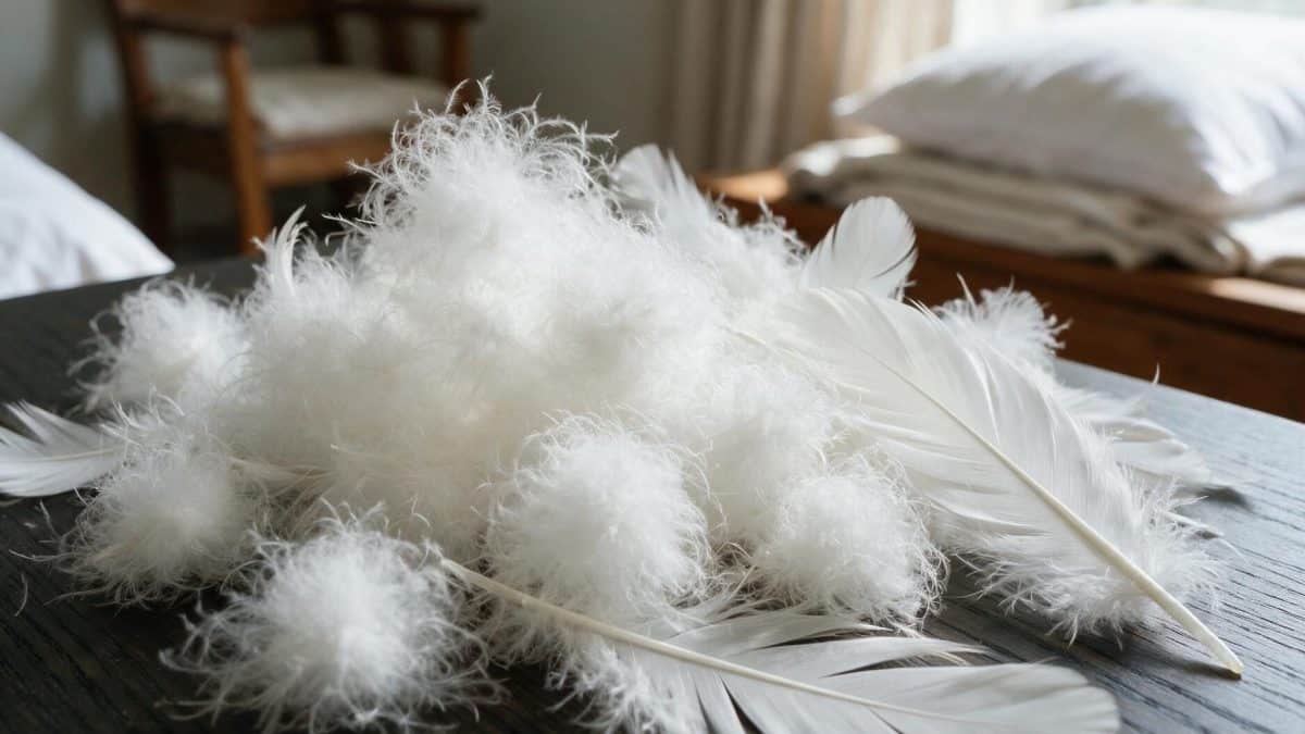 White down clusters heaped beside stiff-quilled white feathers on a dark wooden table