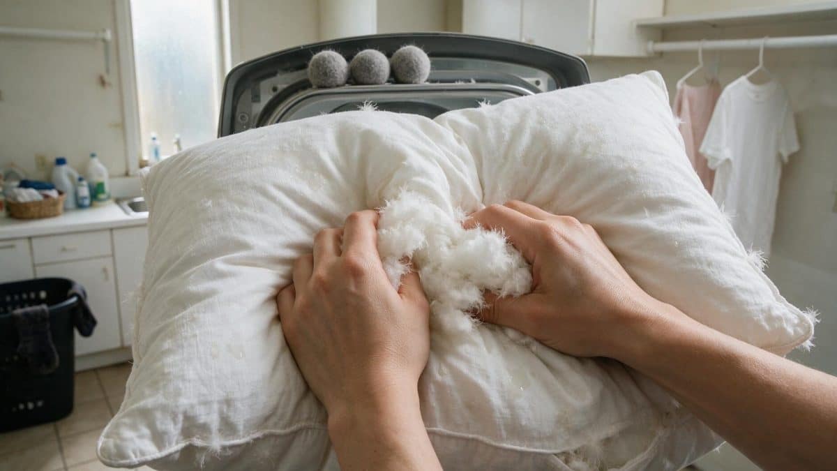 Two hands kneading the damp centre of a white down pillow, wool dryer balls behind