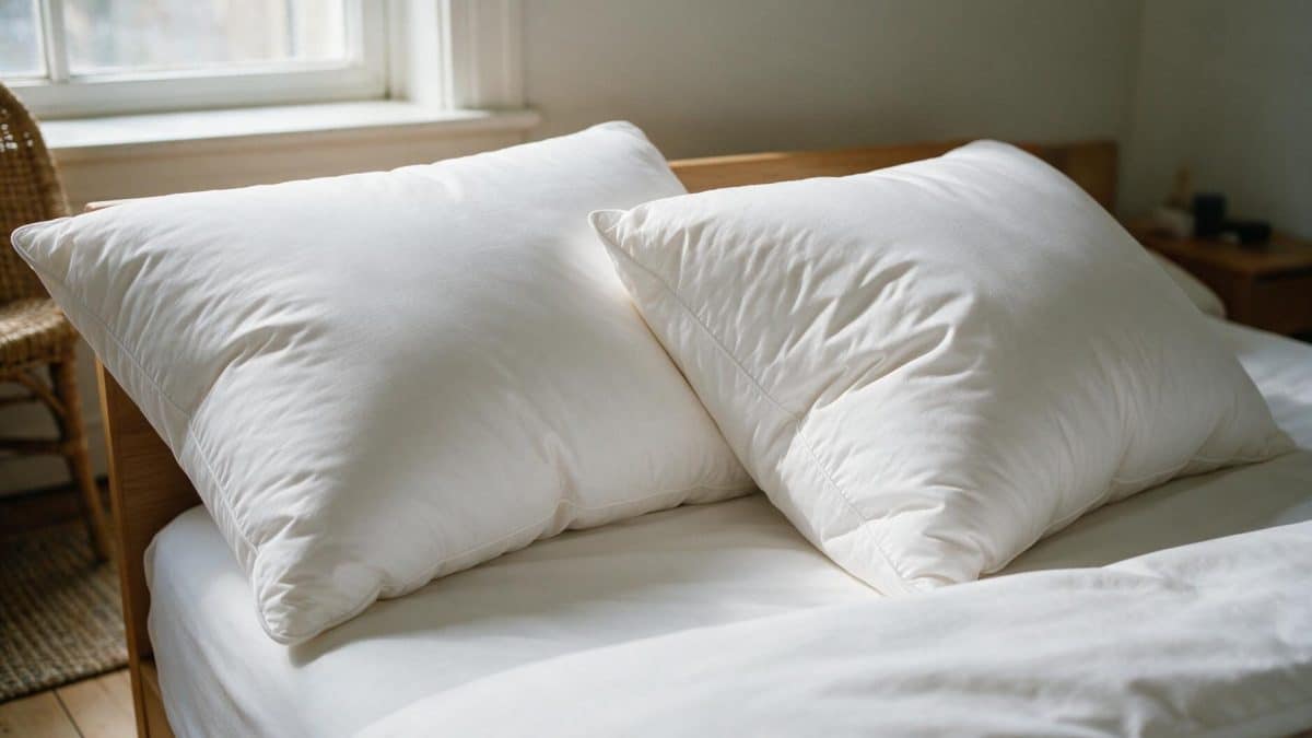 Two plump white cotton-ticking down pillows resting against a wooden headboard on a made bed