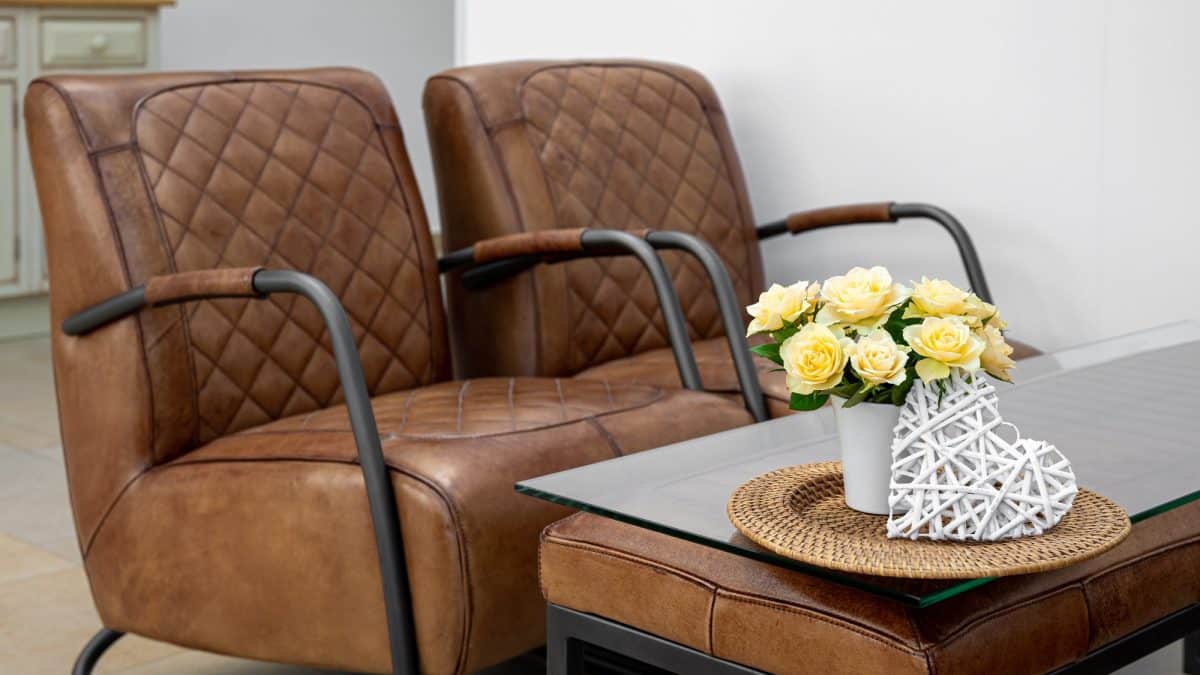 Two brown faux leather armchairs beside a glass table in a bright living room