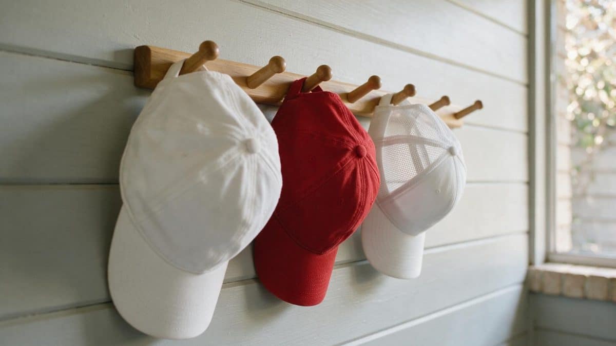 Three baseball caps with curved structured brims hanging on a wooden peg rack indoors