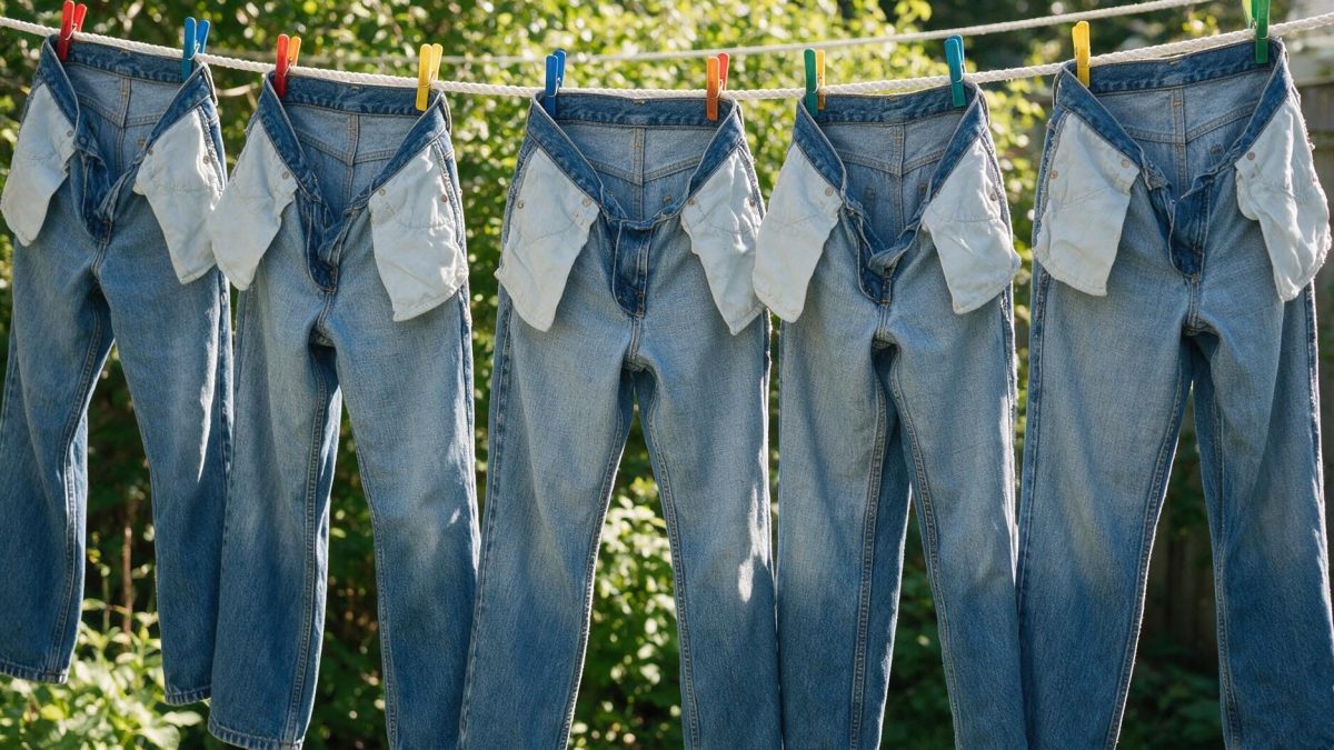 Several pairs of jeans pegged inside out on an outdoor washing line to dry