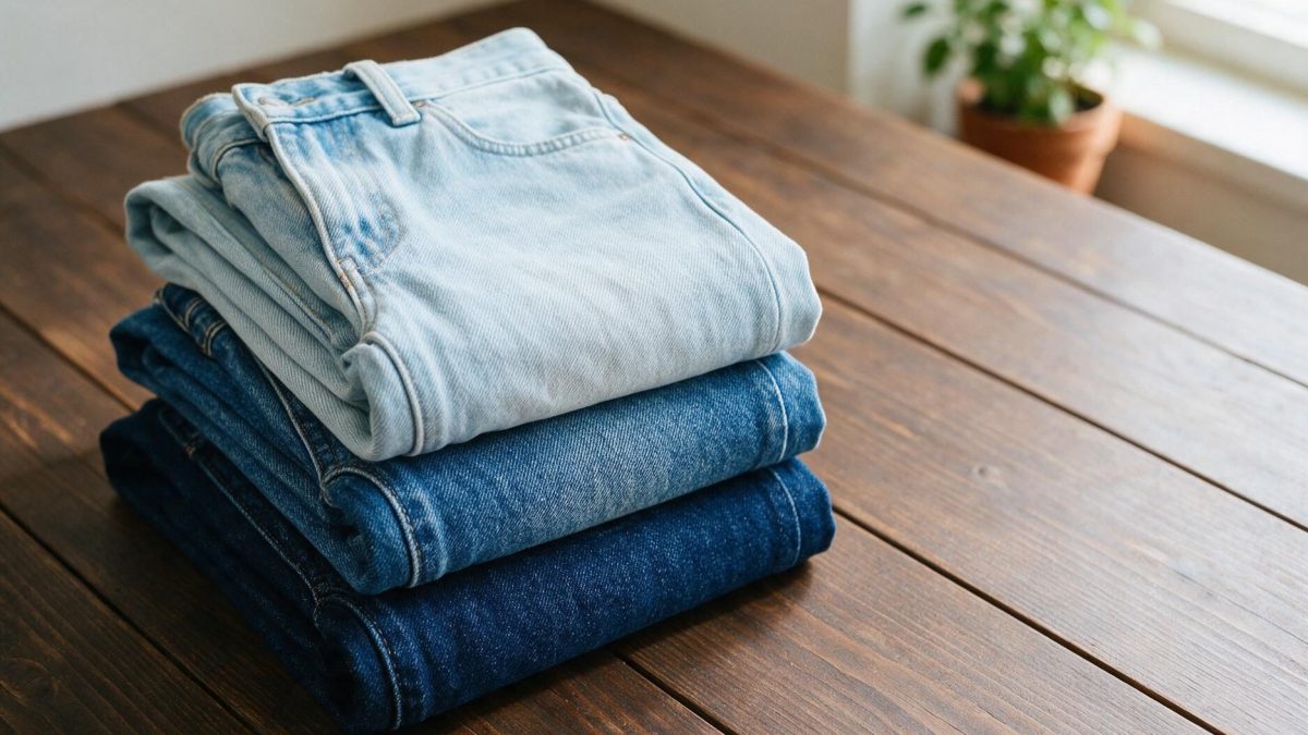 Three folded pairs of blue jeans in different washes on a dark wooden table