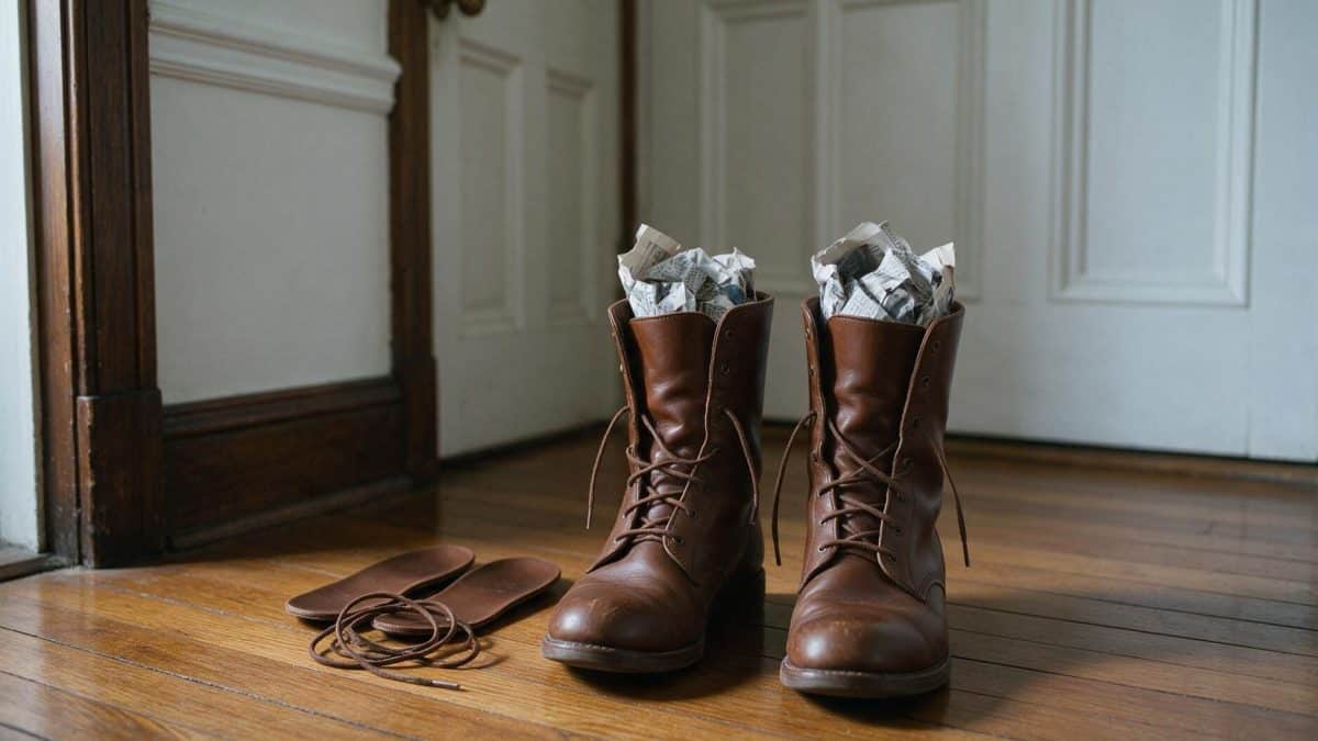 Brown leather boots drying in a cool hallway with newspaper packed into each shaft