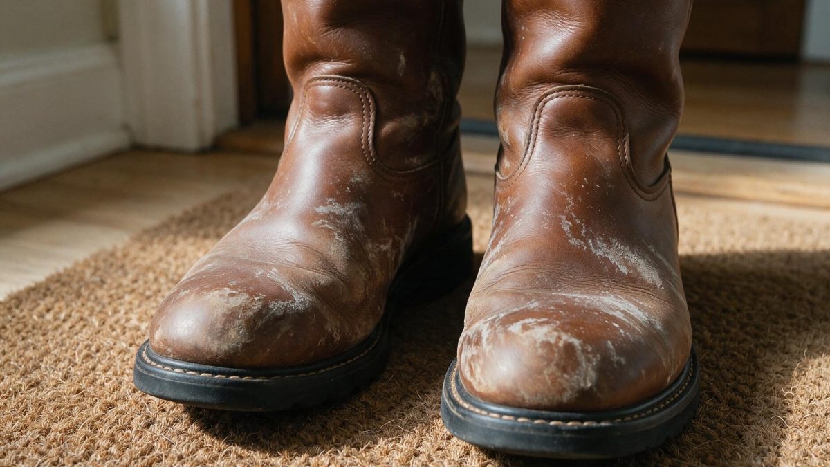 Brown smooth leather boots on a coir doormat, white salt tide lines across both toes