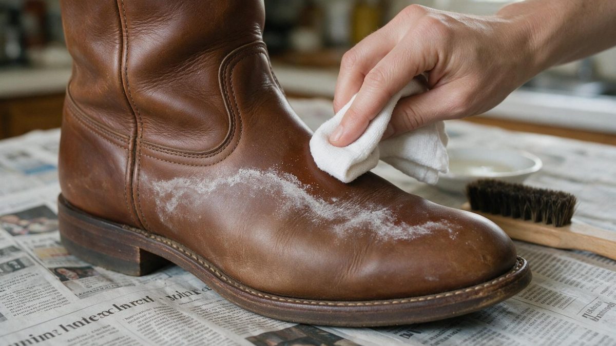 A hand dabbing a folded white cloth along a salt line on brown leather