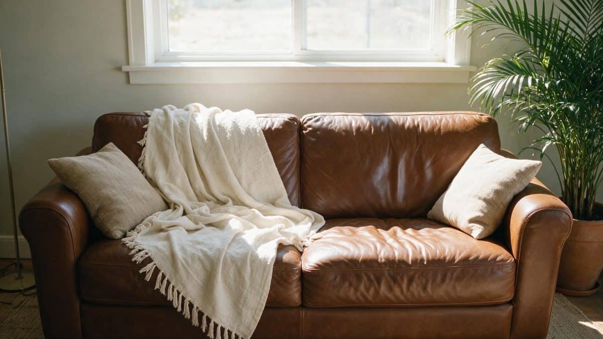 Brown leather sofa in a bright living room beside a floor lamp and potted palm