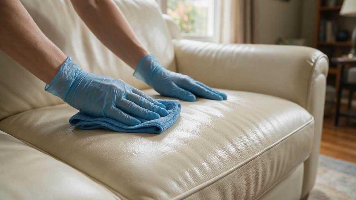 Gloved hands wiping a cream leather sofa cushion with a folded blue cloth