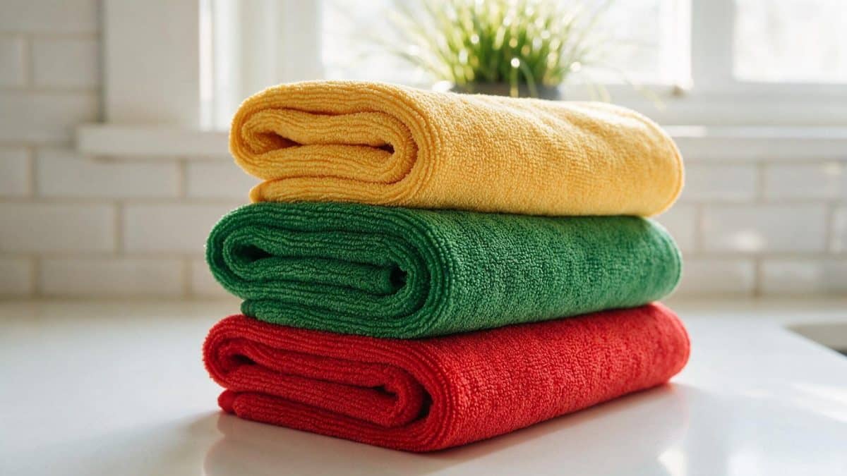 Pile of folded microfibre cleaning cloths resting on a white kitchen table