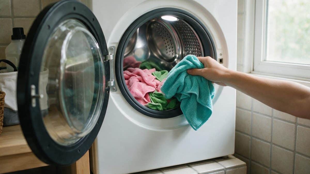 Hand placing a coloured cloth into the open drum of a front-loading washing machine