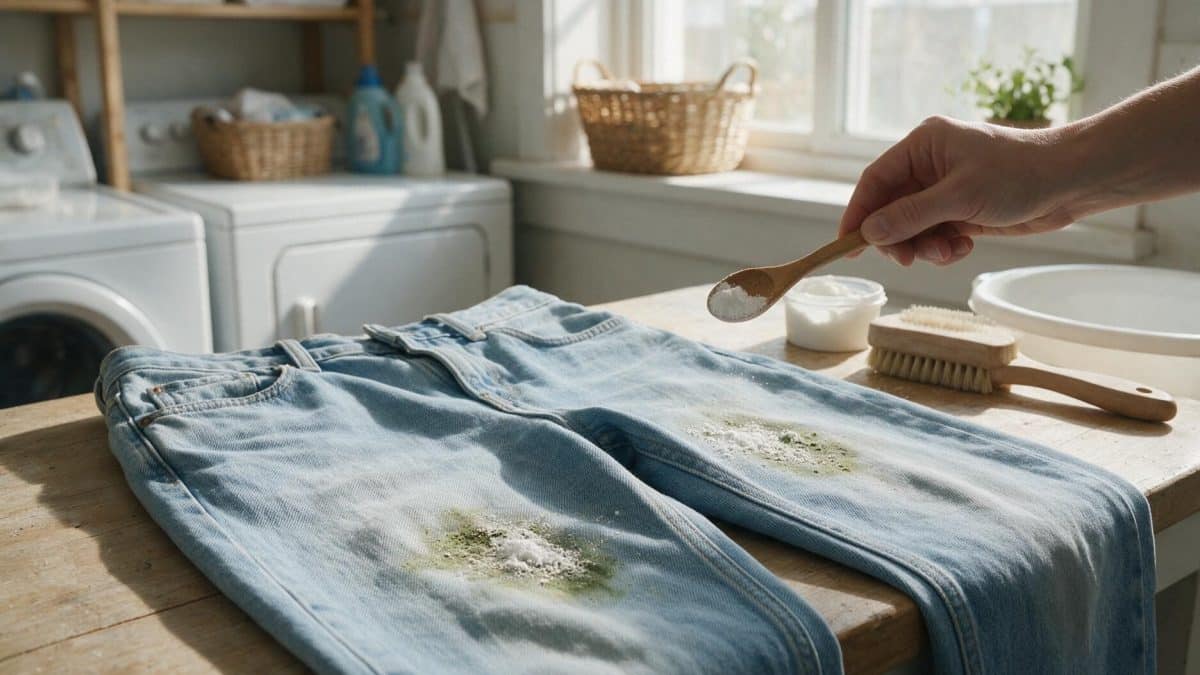 Hand spooning white powder onto a stained garment beside a wooden scrubbing brush
