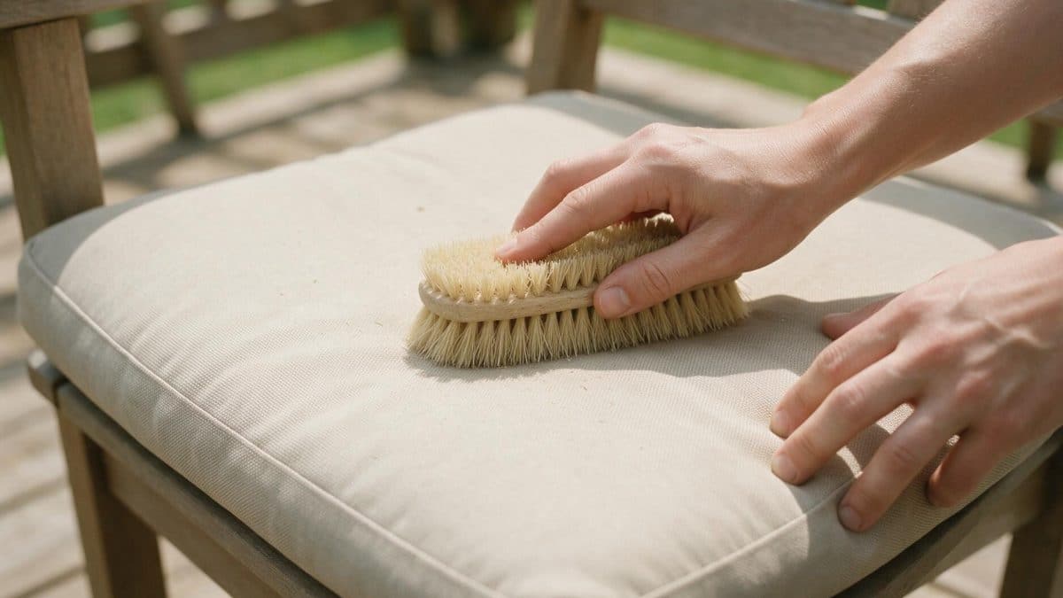 Hands scrubbing a pale seat cushion pad on a wooden chair with a bristle brush