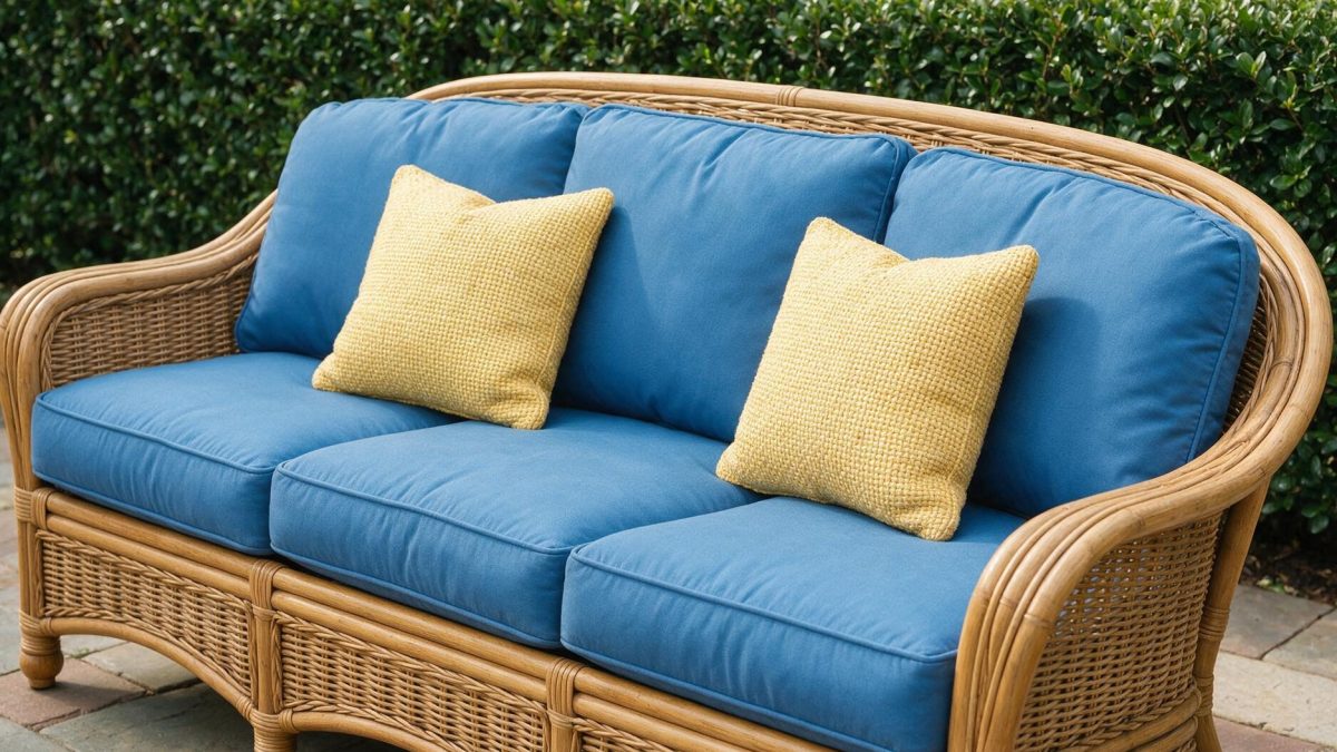 Blue seat cushions and yellow pillows on a rattan garden sofa in front of a hedge