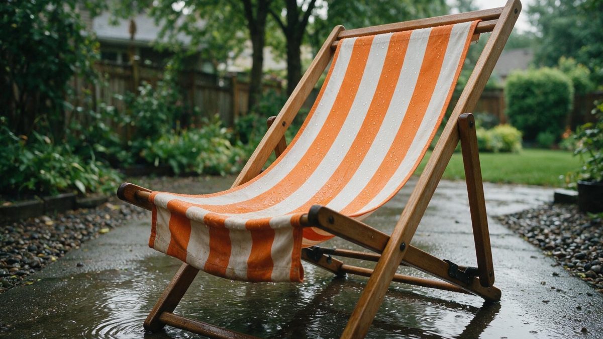 Orange striped folding deck chair standing in a rain puddle on a wet garden path