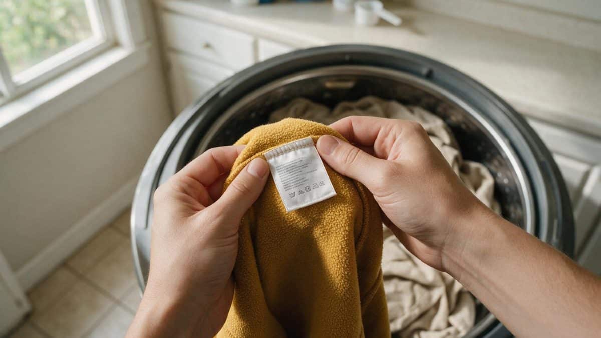 Two hands holding a sewn-in fabric care label in front of an open washing machine