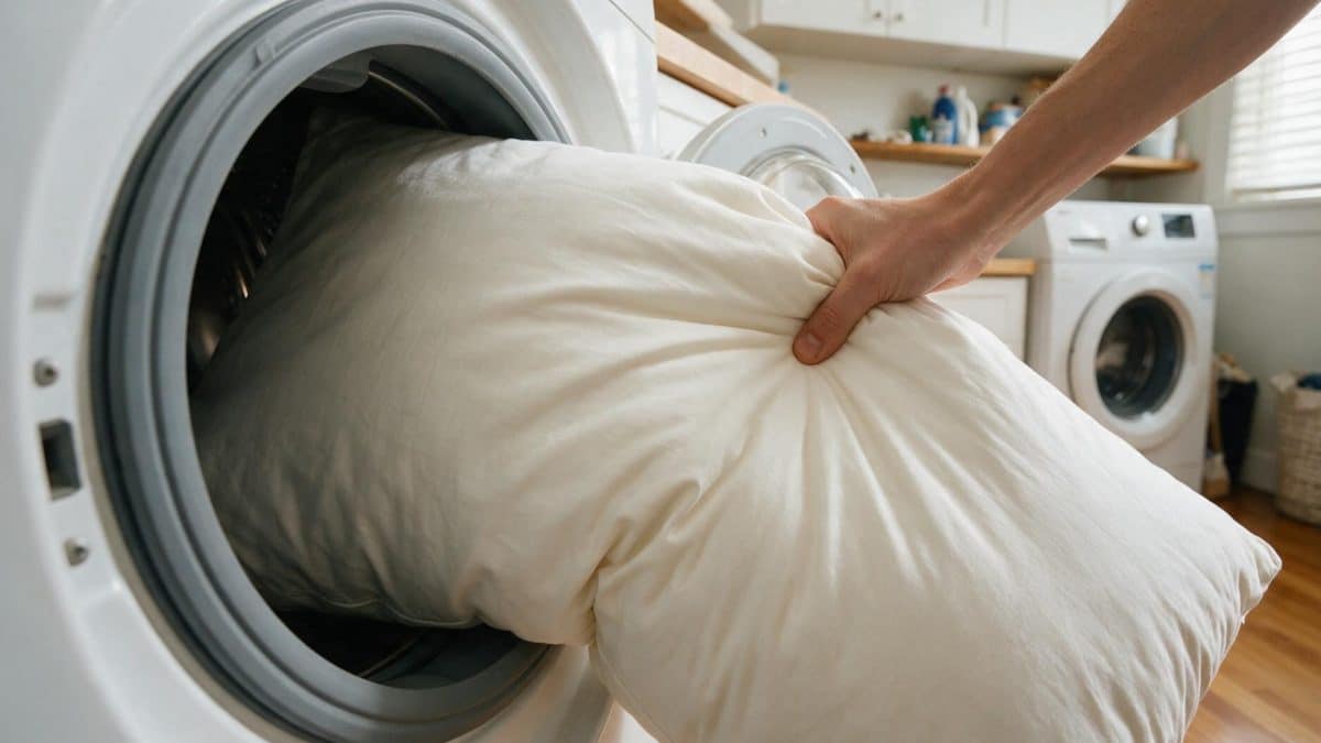 A hand pushing a white pillow into the open drum of a front-loading washing machine