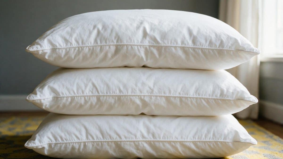 Three bare white bed pillows stacked on a patterned rug in a room