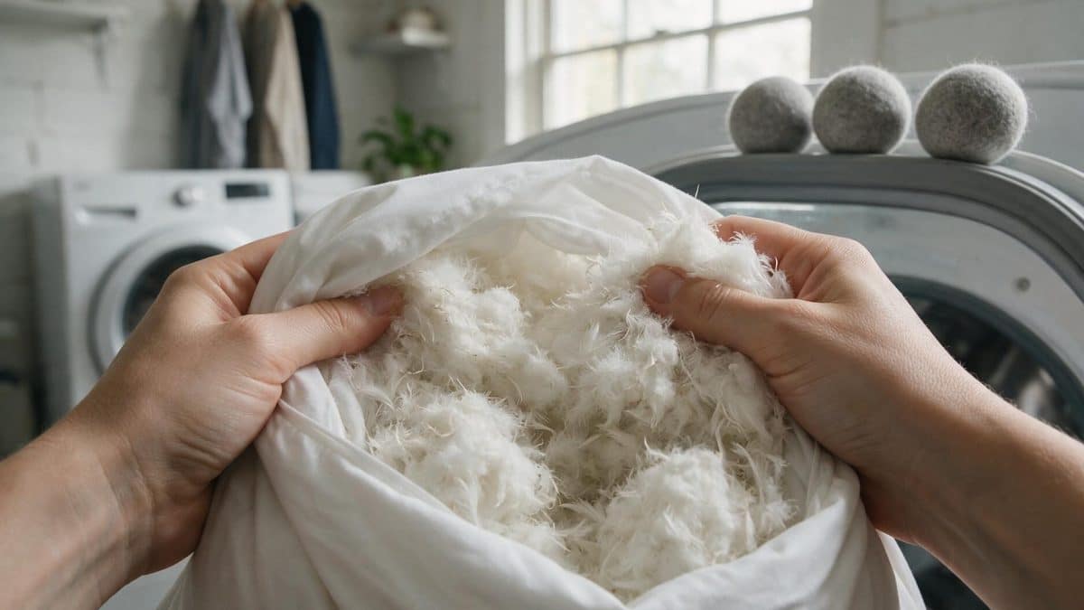 Hands opening a white pillow to pull apart clumped down and feather fill, dryer balls behind