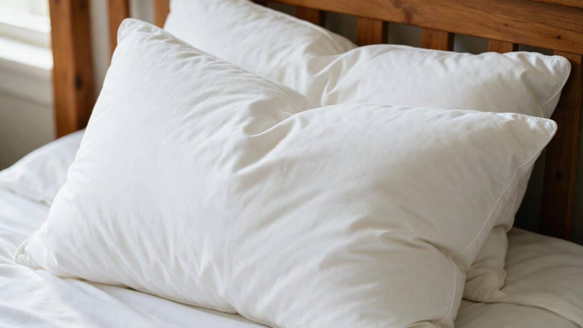 Three plump white cotton-ticking bed pillows stacked against a wooden headboard on a made bed