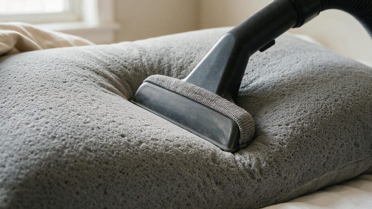 Upholstery vacuum tool drawn across the bare surface of a grey memory foam pillow