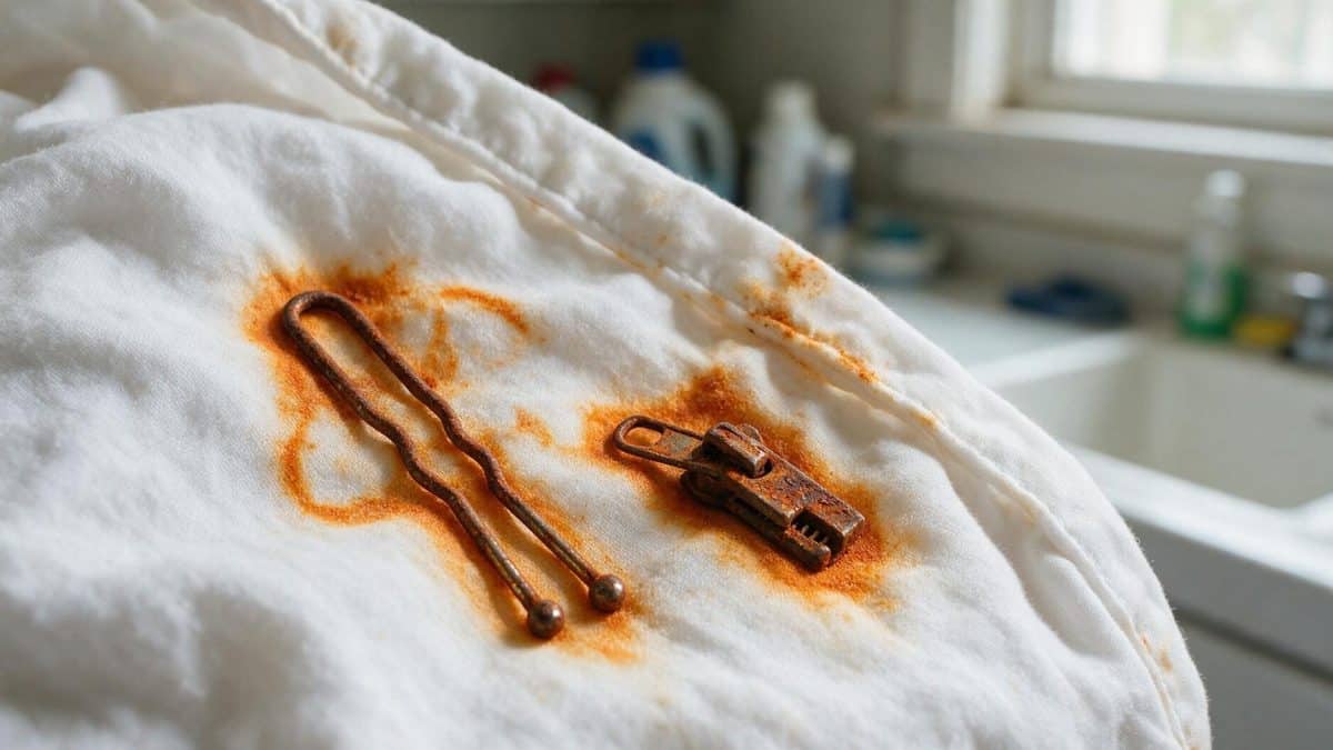 Rusted hairpin and corroded zip slider on white cotton, each ringed by orange transfer