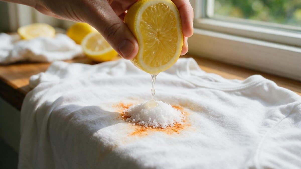 Hand squeezing a lemon half over table salt heaped on a rust stain