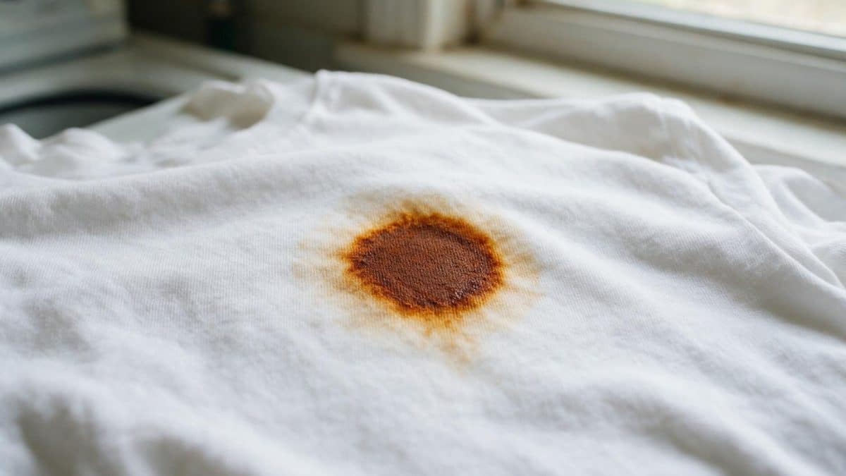 Orange-brown rust stain dyed into the weave of a white cotton t-shirt