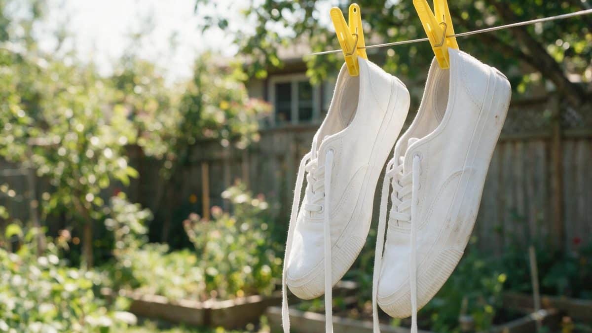 Two white sneakers clipped to an outdoor washing line by yellow clothespins, drying in daylight