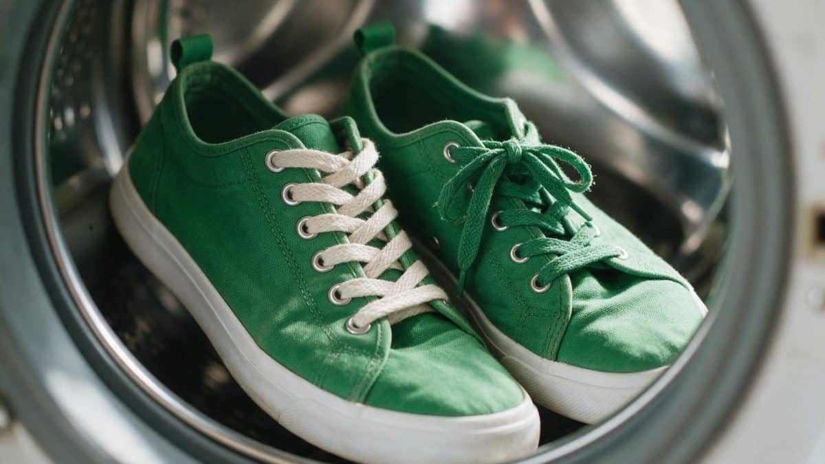 Pair of green low-top sneakers lying inside the open drum of a front-loading washing machine